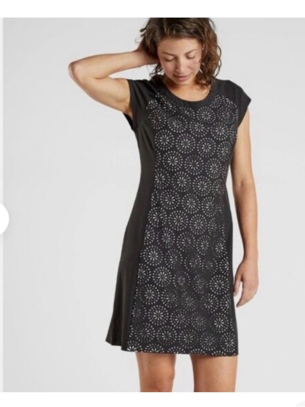 Black Cap-Sleeve A-Line Dress with Laser-Cut Pattern